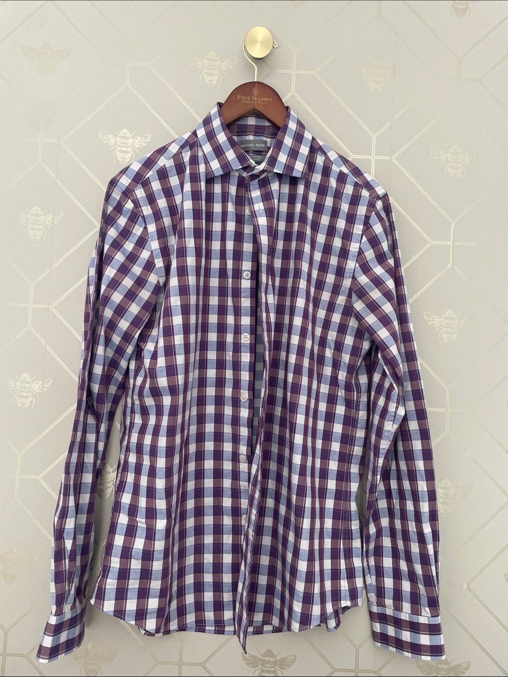 Michael Kors Purple and White Checked Dress Shirt